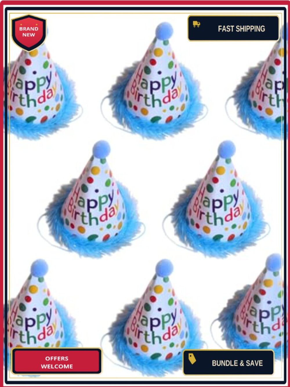Happy Birthday Cone Hats Pom Poms Tassels Party Supplies